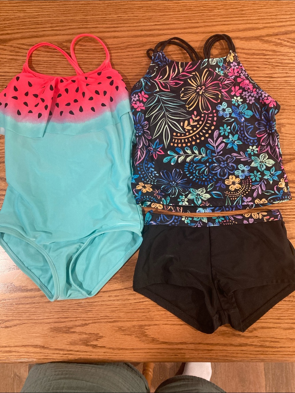 Girls' Watermelon One-Piece & Floral Tankini Set - Aqua, Pink, Black